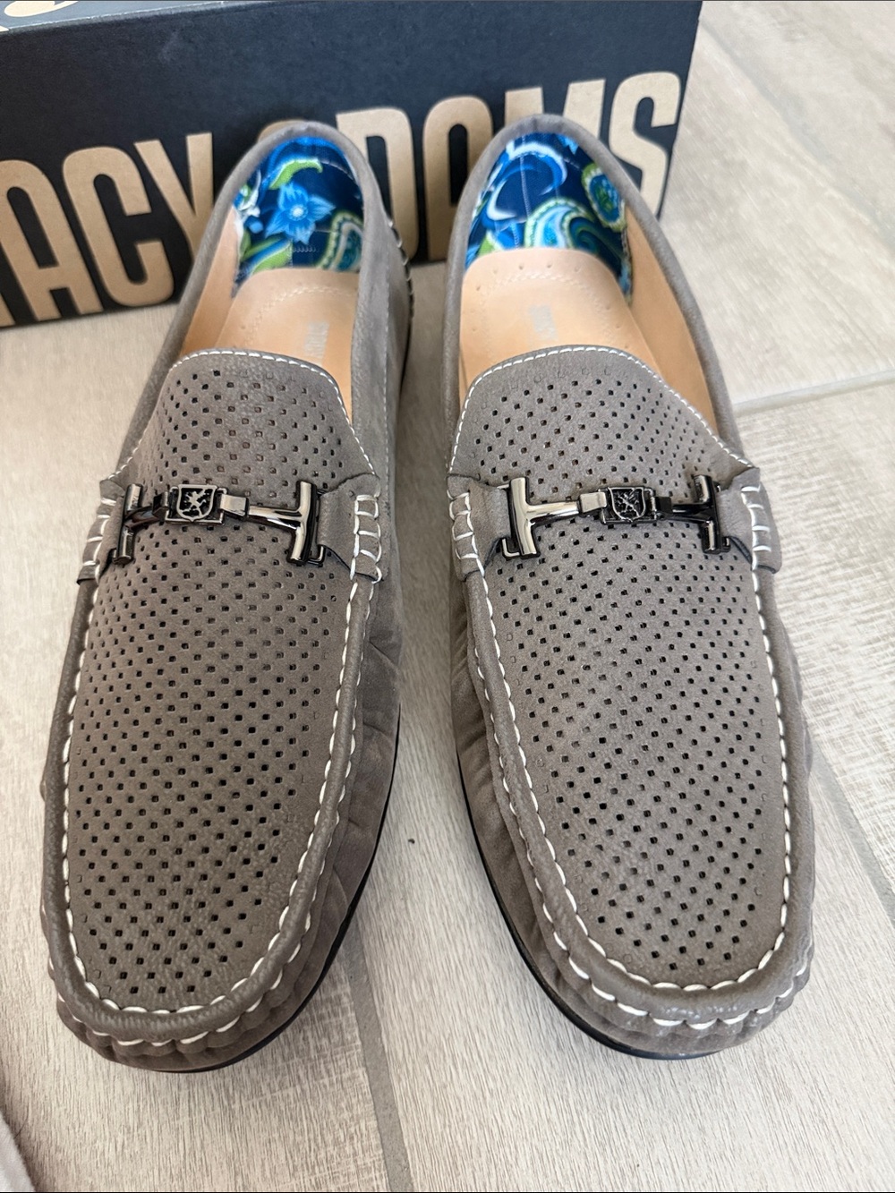 Stacy Adams Gray Perforated Slip-On Loafers with Metal Bit - Picture 2 of 8